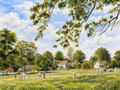 Painting of a summer cricket match on a village green, with leafy trees and cottages beneath a blue sky.