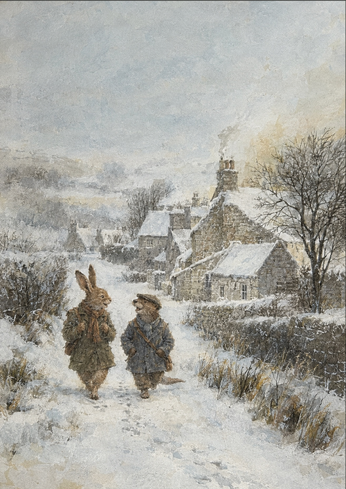 Two woodland companions in winter coats walking through a snow-covered village with stone cottages and bare trees.