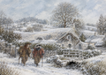 Otter and Badger in winter coats walking beside a stone bridge and snow-covered village cottages.