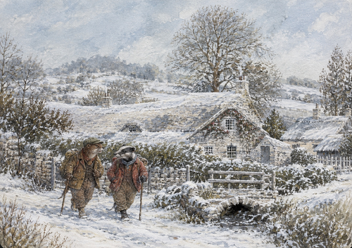 Otter and Badger in winter coats walking beside a stone bridge and snow-covered village cottages.