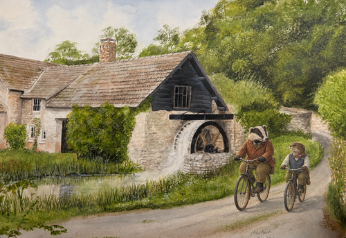 Badger and Otter riding bicycles along a leafy country lane beside a stone watermill and pond.
