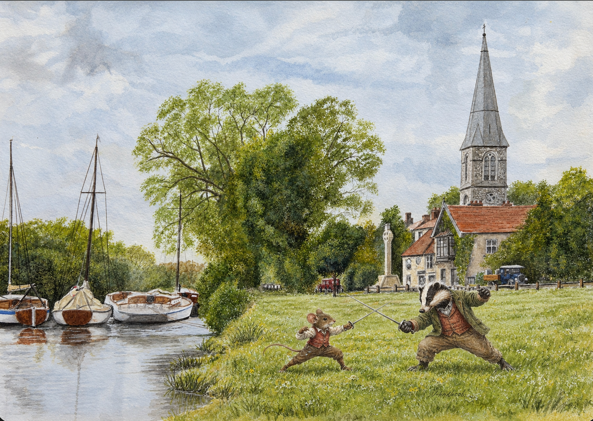 Mouse and Badger fencing on a grassy riverbank beside sailing boats, leafy trees and a village church.