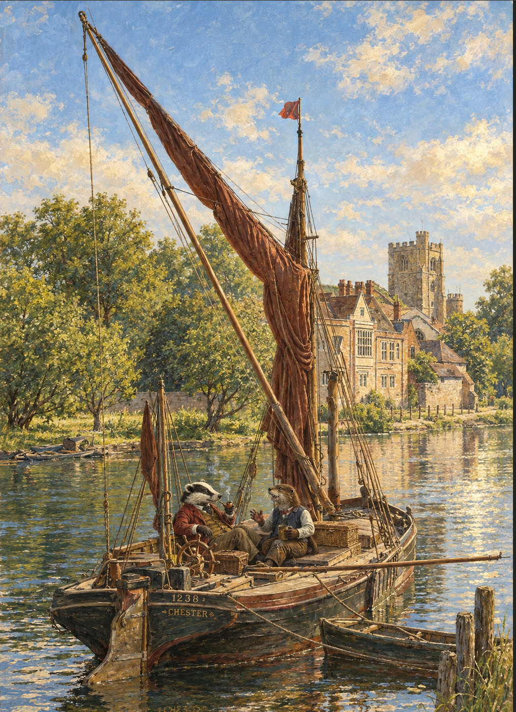 Otter and Badger seated aboard a wooden sailing boat on a sunlit river, with trees and old stone buildings beyond.