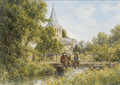 Otter and Badger sitting on a stone bridge above a stream, surrounded by leafy trees and wildflowers, with a church in the background.
