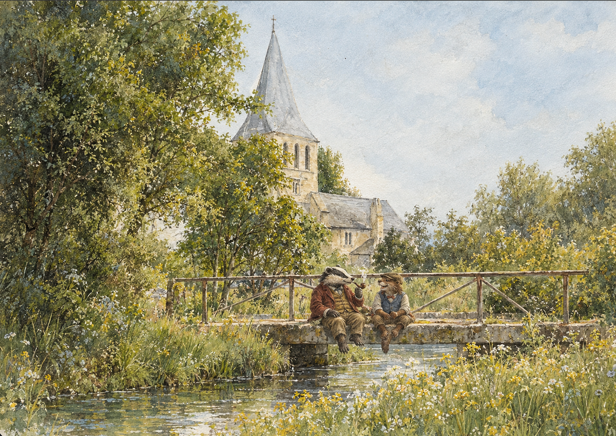 Otter and Badger sitting on a stone bridge above a stream, surrounded by leafy trees and wildflowers, with a church in the background.
