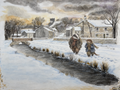 Snowy village landscape with two bundled figures walking beside a stream