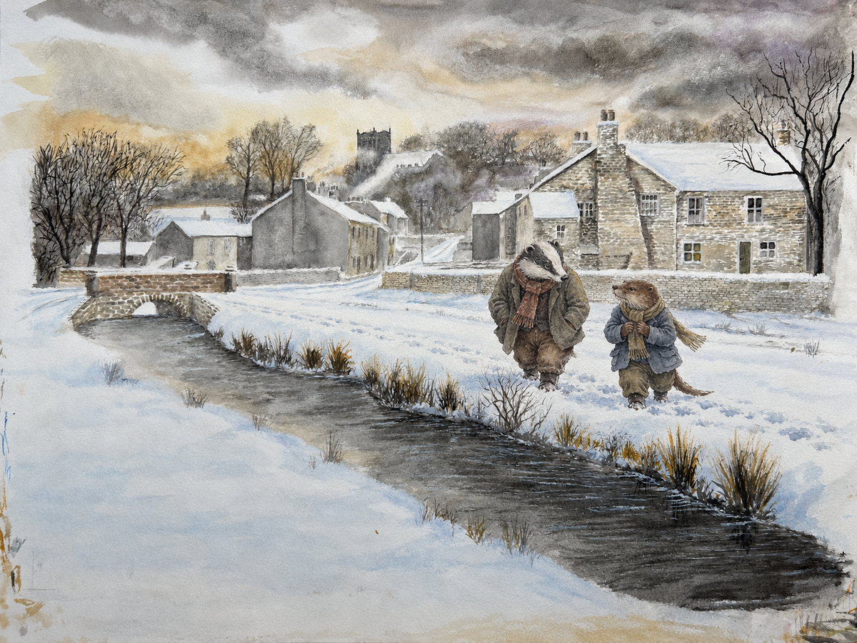 Snowy village landscape with two bundled figures walking beside a stream